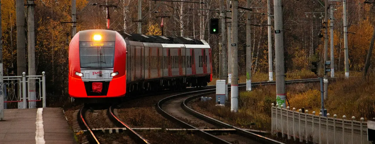 A red passenger train rounding a curve through autumn woodland