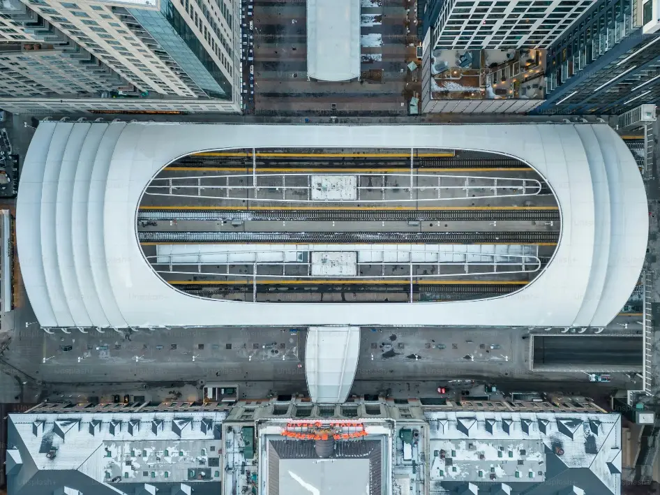 Overhead view of a rail vehicle's engineered roof equipment