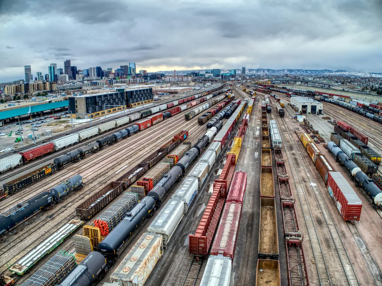 Rows of freight wagons in a rail yard