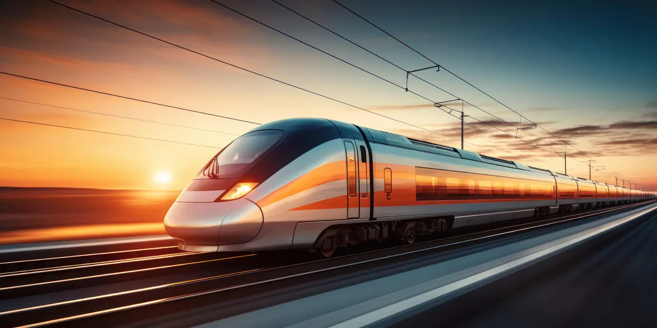 A high-speed train at sunset
