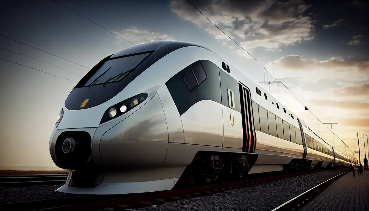 The streamlined nose of a modern high-speed train
